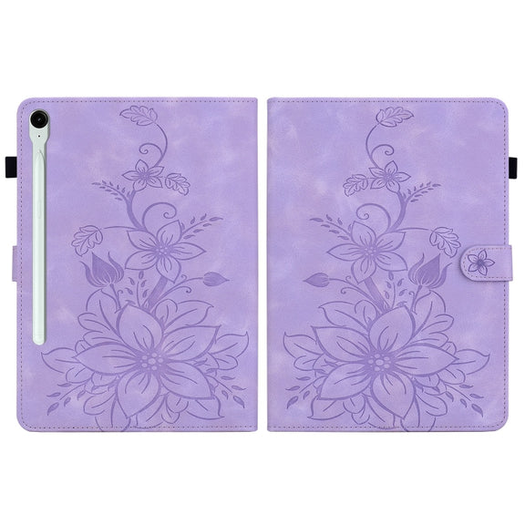 For Samsung Galaxy Tab S9 / S9 FE Lily Embossed Leather Tablet Case(Purple)