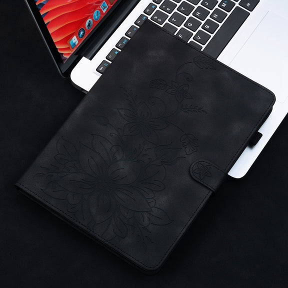 For Samsung Galaxy Tab S9 / S9 FE Lily Embossed Leather Tablet Case(Black)