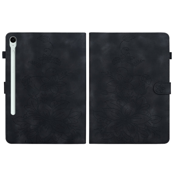 For Samsung Galaxy Tab S9 / S9 FE Lily Embossed Leather Tablet Case(Black)