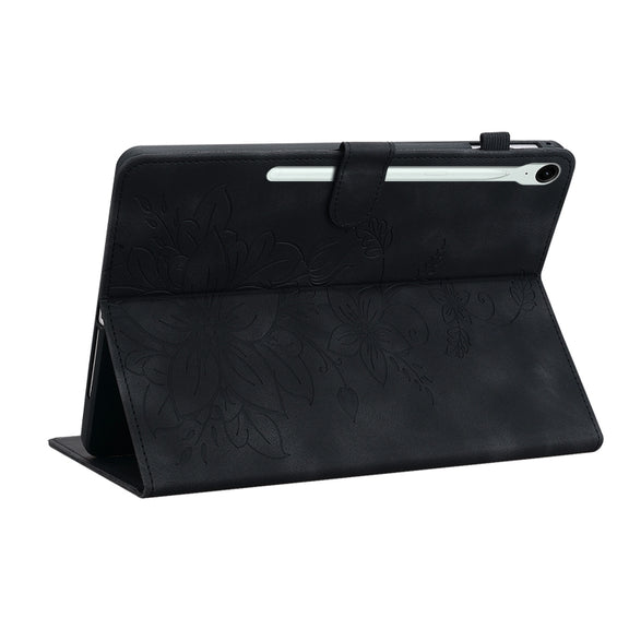 For Samsung Galaxy Tab S9 / S9 FE Lily Embossed Leather Tablet Case(Black)