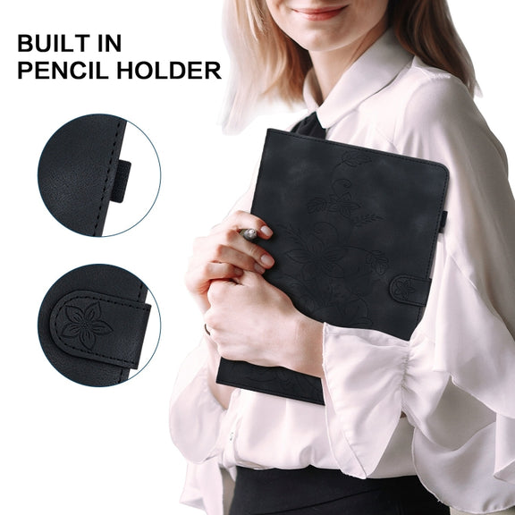 For Samsung Galaxy Tab S9 / S9 FE Lily Embossed Leather Tablet Case(Black)