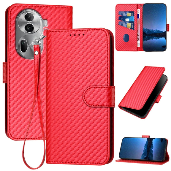 For OPPO Reno11 Pro Global YX0070 Carbon Fiber Buckle Leather Phone Case with Lanyard(Red)