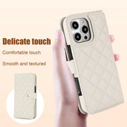 For iPhone 16 Pro Max Crossbody Multifunction Rhombic Leather Phone Case(White)