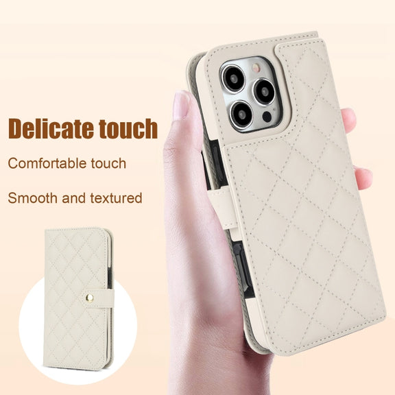 For iPhone 16 Pro Max Crossbody Multifunction Rhombic Leather Phone Case(White)