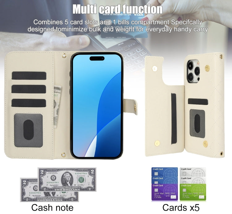 For iPhone 16 Pro Max Crossbody Multifunction Rhombic Leather Phone Case(White)