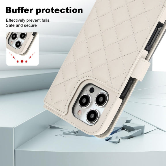For iPhone 16 Pro Max Crossbody Multifunction Rhombic Leather Phone Case(White)