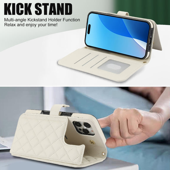 For iPhone 16 Pro Max Crossbody Multifunction Rhombic Leather Phone Case(White)