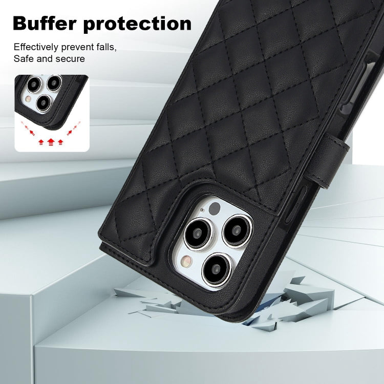 For iPhone 16 Pro Max Crossbody Multifunction Rhombic Leather Phone Case(Black)