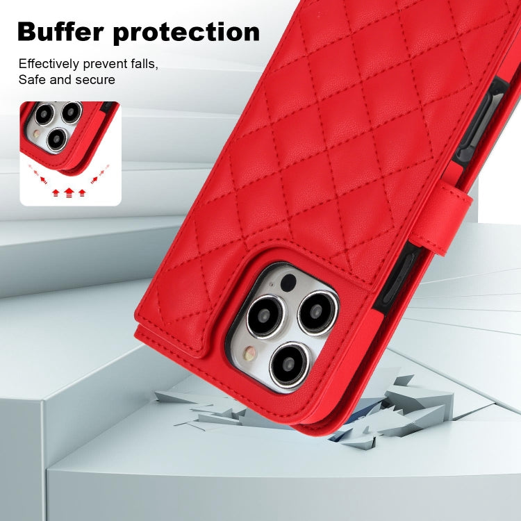 For iPhone 16 Pro Max Crossbody Multifunction Rhombic Leather Phone Case(Red)