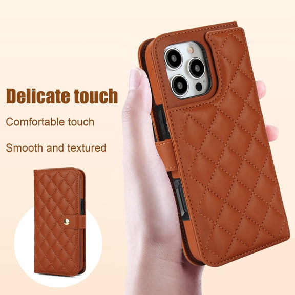 For iPhone 16 Pro Max Crossbody Multifunction Rhombic Leather Phone Case(Brown)