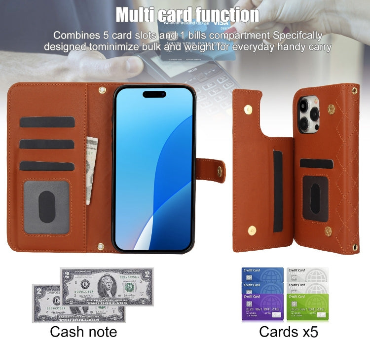 For iPhone 16 Pro Max Crossbody Multifunction Rhombic Leather Phone Case(Brown)
