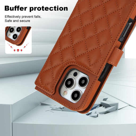 For iPhone 16 Pro Max Crossbody Multifunction Rhombic Leather Phone Case(Brown)
