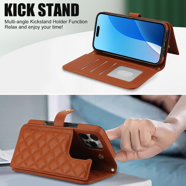 For iPhone 16 Pro Max Crossbody Multifunction Rhombic Leather Phone Case(Brown)