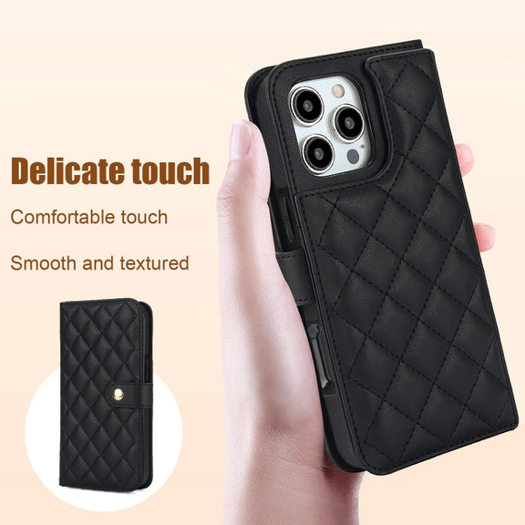 For iPhone 16 Pro Crossbody Multifunction Rhombic Leather Phone Case(Black)
