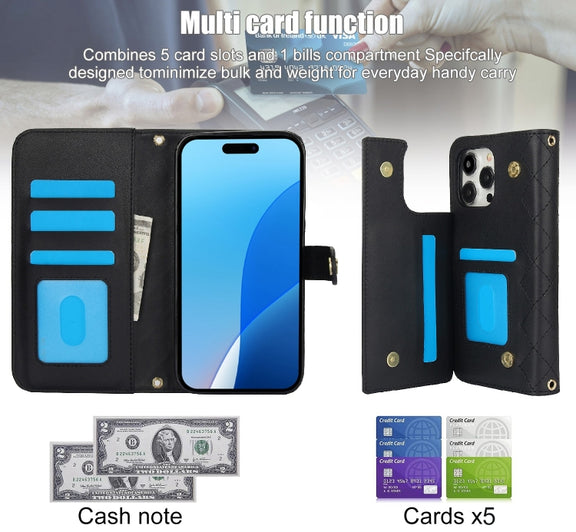 For iPhone 16 Pro Crossbody Multifunction Rhombic Leather Phone Case(Black)