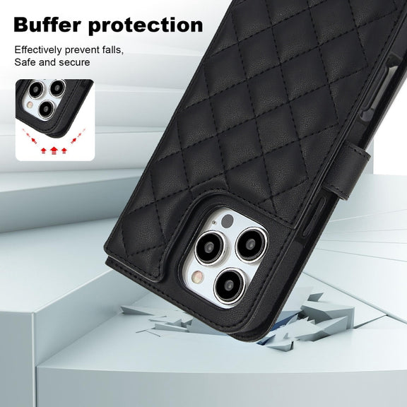 For iPhone 16 Pro Crossbody Multifunction Rhombic Leather Phone Case(Black)