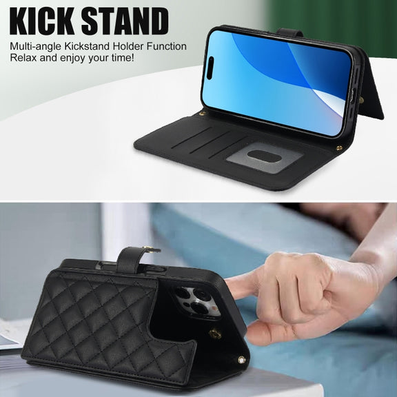 For iPhone 16 Pro Crossbody Multifunction Rhombic Leather Phone Case(Black)