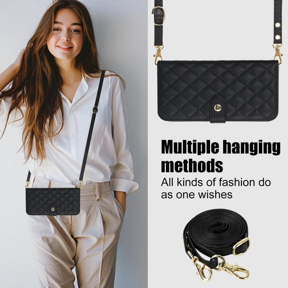 For iPhone 16 Pro Crossbody Multifunction Rhombic Leather Phone Case(Black)