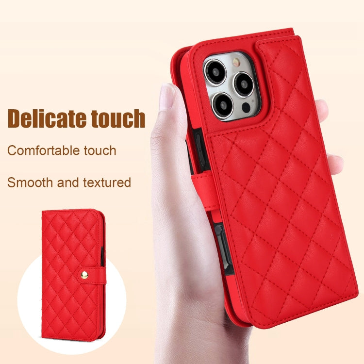 For iPhone 16 Pro Crossbody Multifunction Rhombic Leather Phone Case(Red)