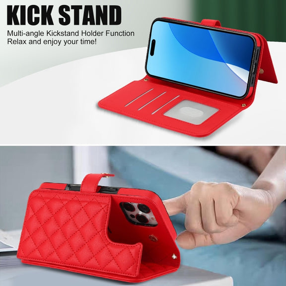 For iPhone 16 Pro Crossbody Multifunction Rhombic Leather Phone Case(Red)