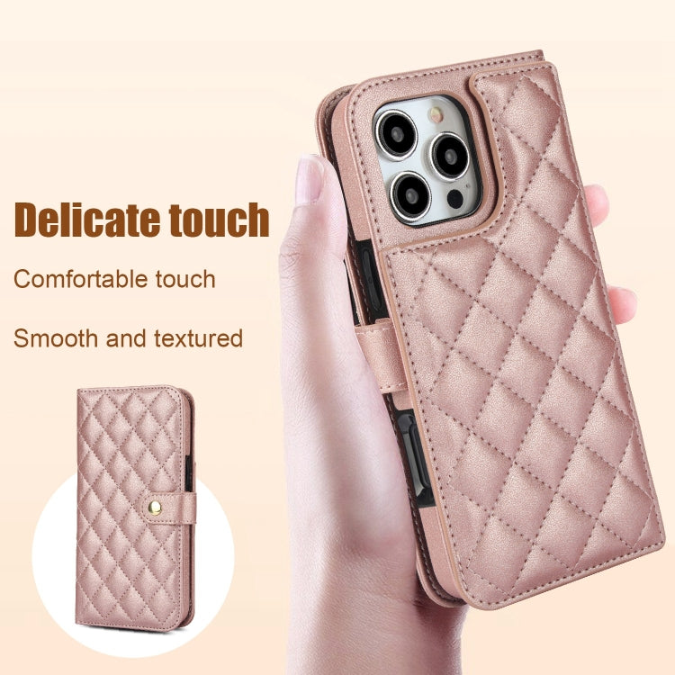 For iPhone 16 Pro Crossbody Multifunction Rhombic Leather Phone Case(Rose Gold)