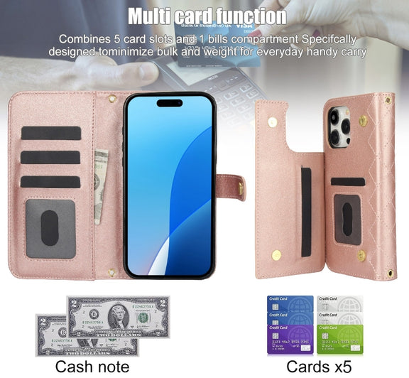 For iPhone 16 Pro Crossbody Multifunction Rhombic Leather Phone Case(Rose Gold)