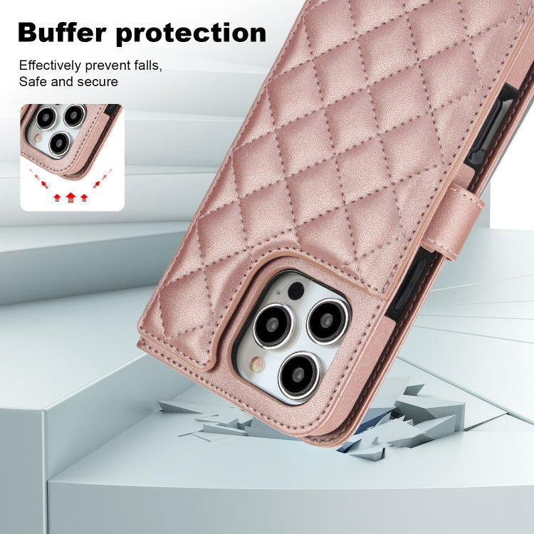 For iPhone 16 Pro Crossbody Multifunction Rhombic Leather Phone Case(Rose Gold)