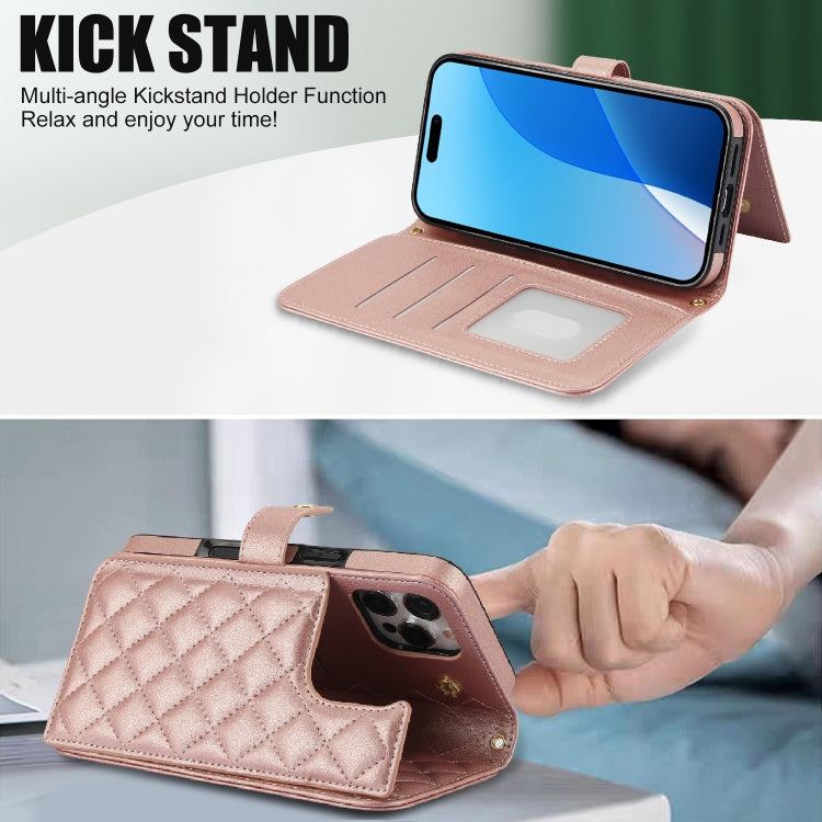For iPhone 16 Pro Crossbody Multifunction Rhombic Leather Phone Case(Rose Gold)