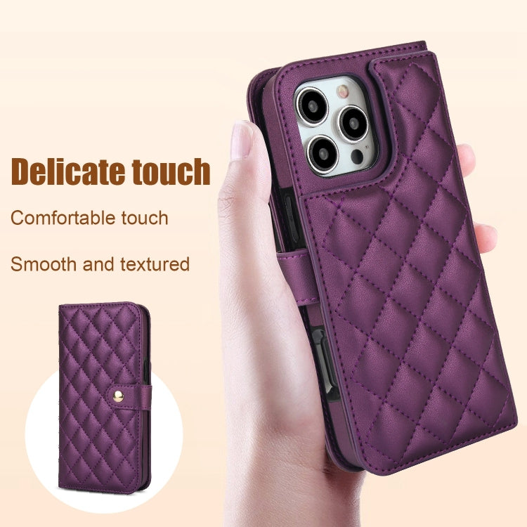 For iPhone 16 Pro Crossbody Multifunction Rhombic Leather Phone Case(Dark Purple)