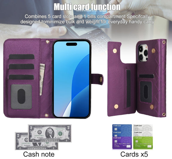 For iPhone 16 Pro Crossbody Multifunction Rhombic Leather Phone Case(Dark Purple)