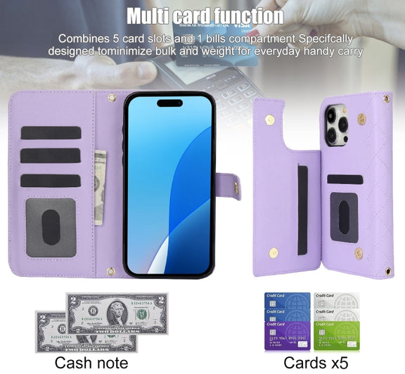 For iPhone 16 Pro Crossbody Multifunction Rhombic Leather Phone Case(Purple)