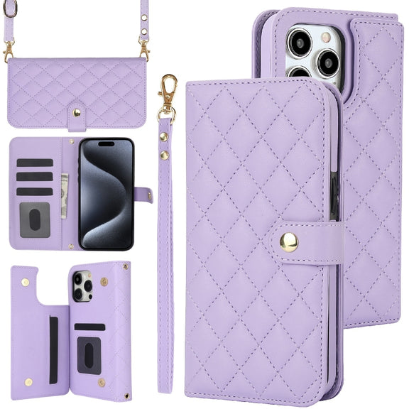 For iPhone 16 Pro Crossbody Multifunction Rhombic Leather Phone Case(Purple)