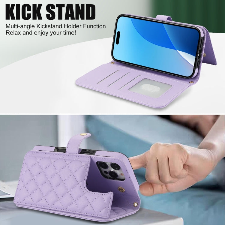 For iPhone 16 Pro Crossbody Multifunction Rhombic Leather Phone Case(Purple)