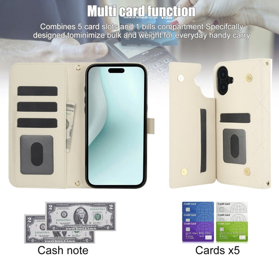 For iPhone 16 Plus Crossbody Multifunction Rhombic Leather Phone Case(White)