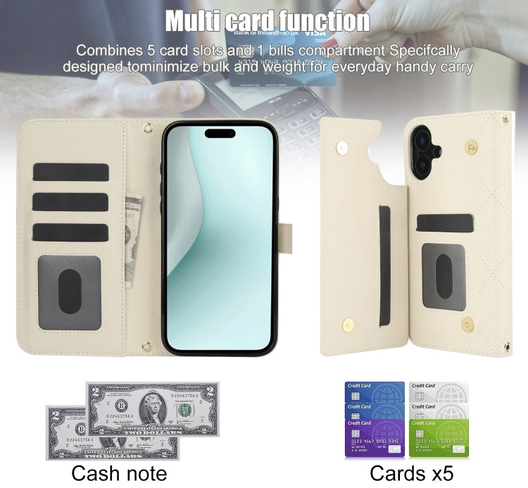 For iPhone 16 Plus Crossbody Multifunction Rhombic Leather Phone Case(White)