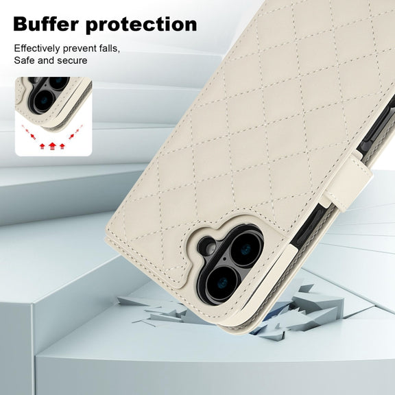 For iPhone 16 Plus Crossbody Multifunction Rhombic Leather Phone Case(White)