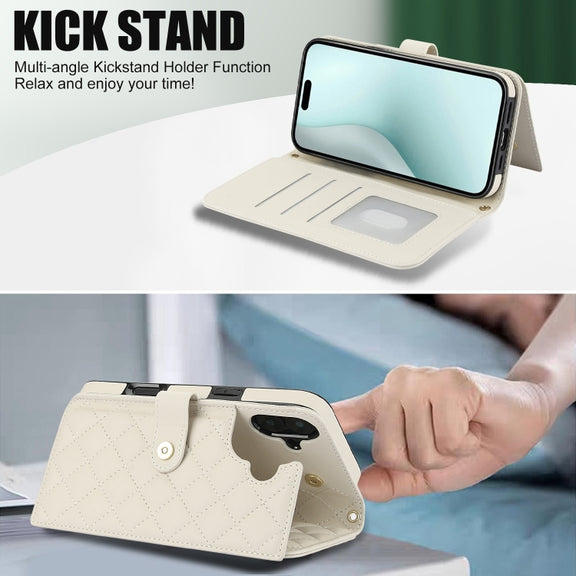For iPhone 16 Plus Crossbody Multifunction Rhombic Leather Phone Case(White)