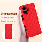 For iPhone 16 Plus Crossbody Multifunction Rhombic Leather Phone Case(Red)