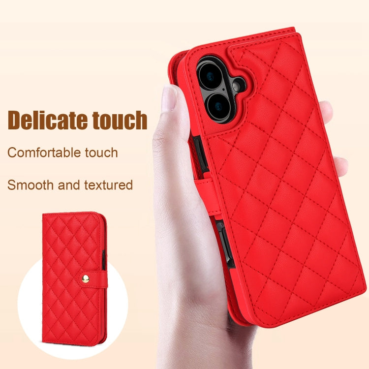 For iPhone 16 Plus Crossbody Multifunction Rhombic Leather Phone Case(Red)