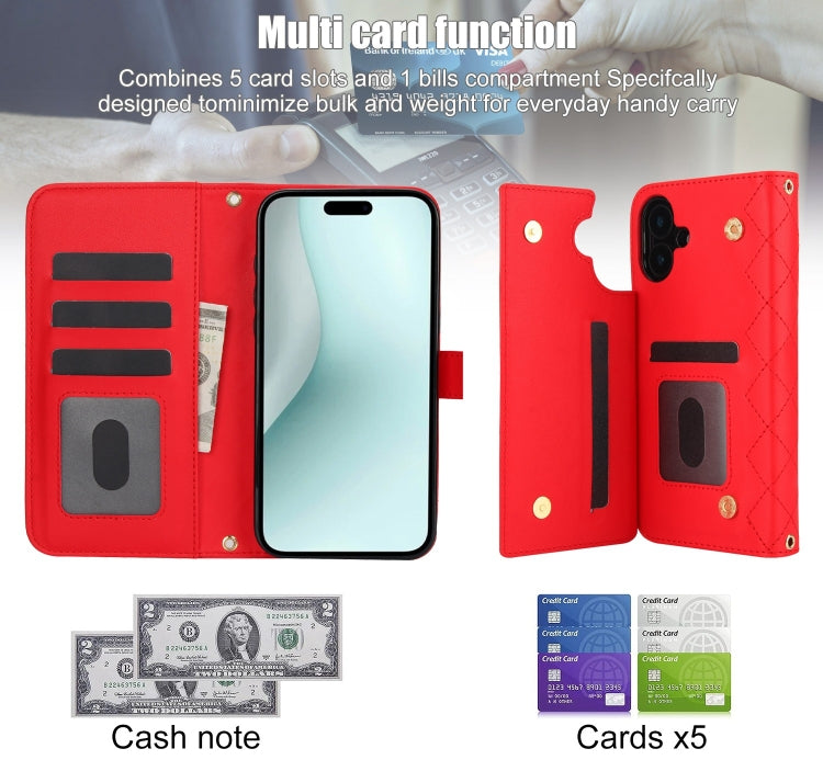 For iPhone 16 Plus Crossbody Multifunction Rhombic Leather Phone Case(Red)