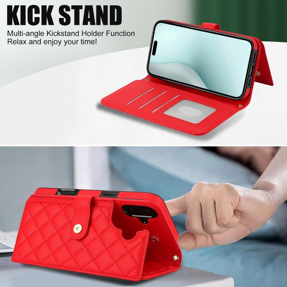 For iPhone 16 Plus Crossbody Multifunction Rhombic Leather Phone Case(Red)