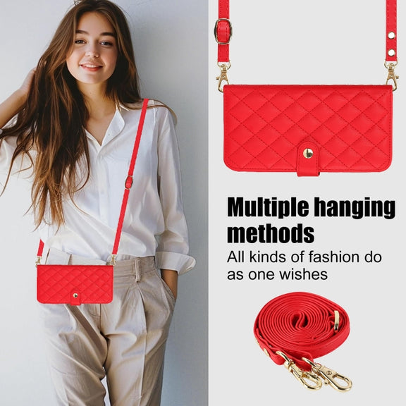 For iPhone 16 Plus Crossbody Multifunction Rhombic Leather Phone Case(Red)