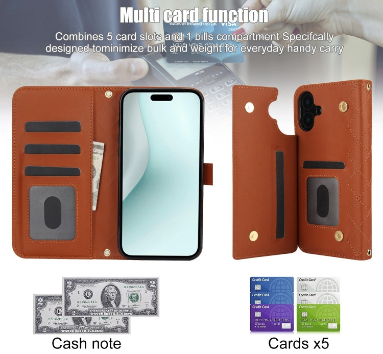 For iPhone 16 Plus Crossbody Multifunction Rhombic Leather Phone Case(Brown)