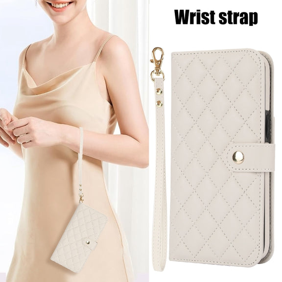 For iPhone 16 Crossbody Multifunction Rhombic Leather Phone Case(White)