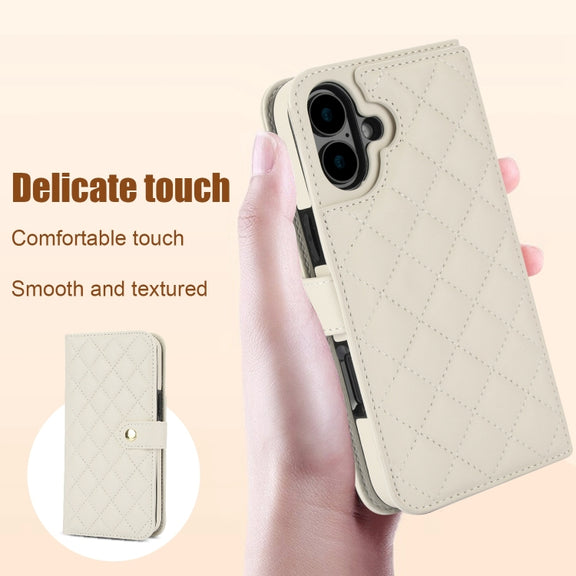 For iPhone 16 Crossbody Multifunction Rhombic Leather Phone Case(White)
