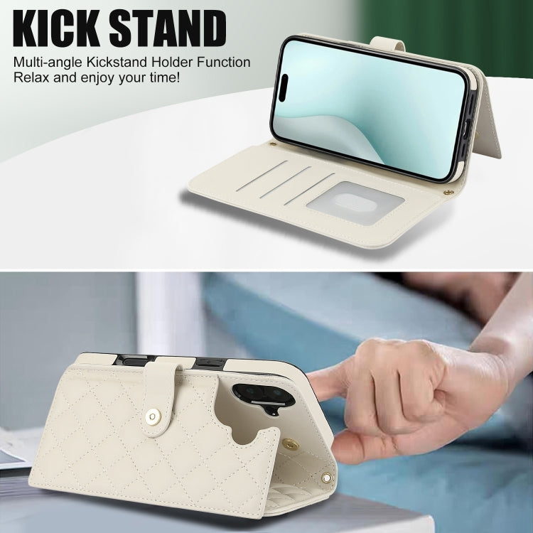 For iPhone 16 Crossbody Multifunction Rhombic Leather Phone Case(White)