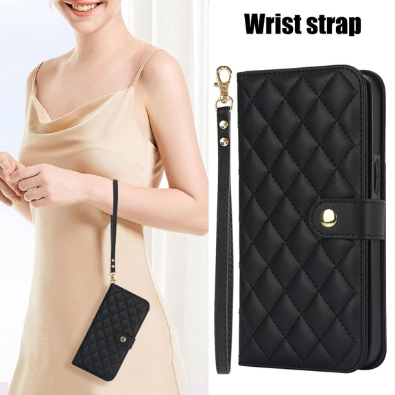 For iPhone 16 Crossbody Multifunction Rhombic Leather Phone Case(Black)
