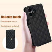 For iPhone 16 Crossbody Multifunction Rhombic Leather Phone Case(Black)
