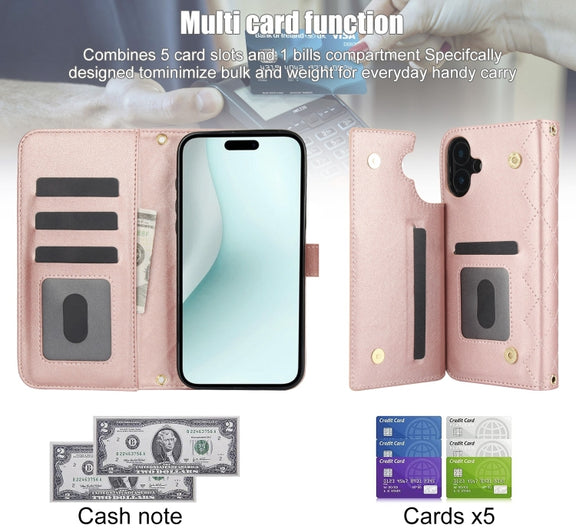 For iPhone 16 Crossbody Multifunction Rhombic Leather Phone Case(Rose Gold)