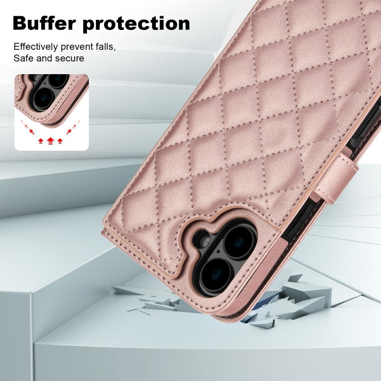 For iPhone 16 Crossbody Multifunction Rhombic Leather Phone Case(Rose Gold)